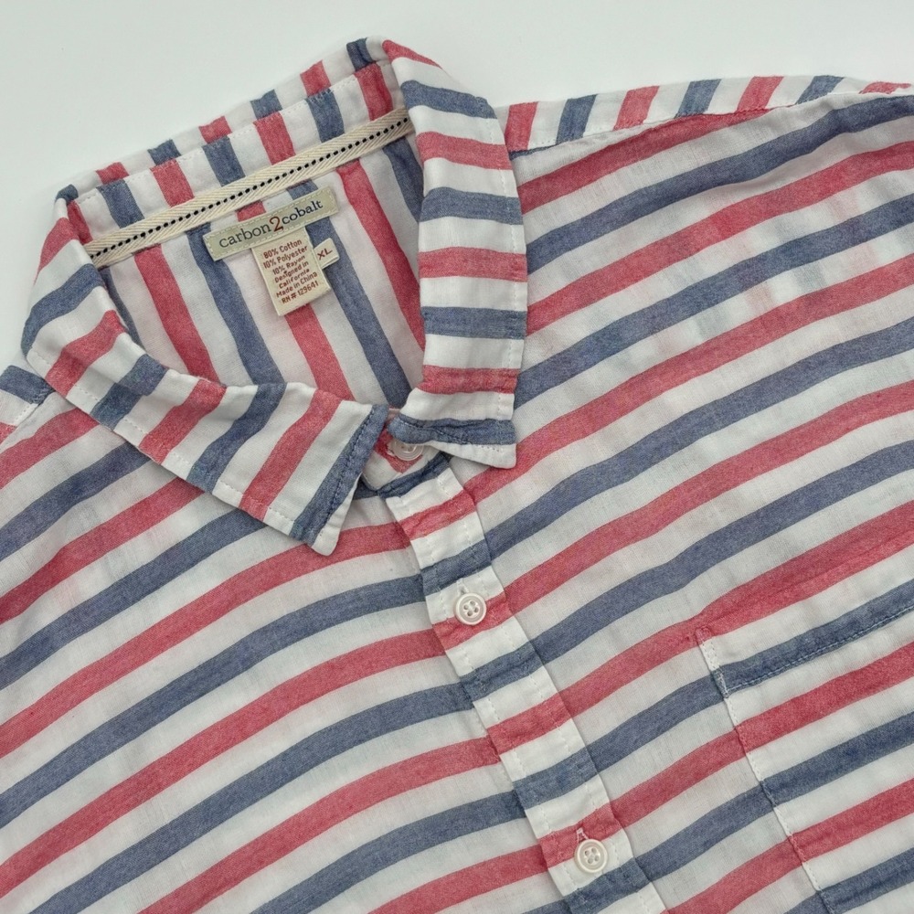 Carbon2Cobalt Mens XL Button Down Shirt Short Sleeve Red‎ White Blue Striped